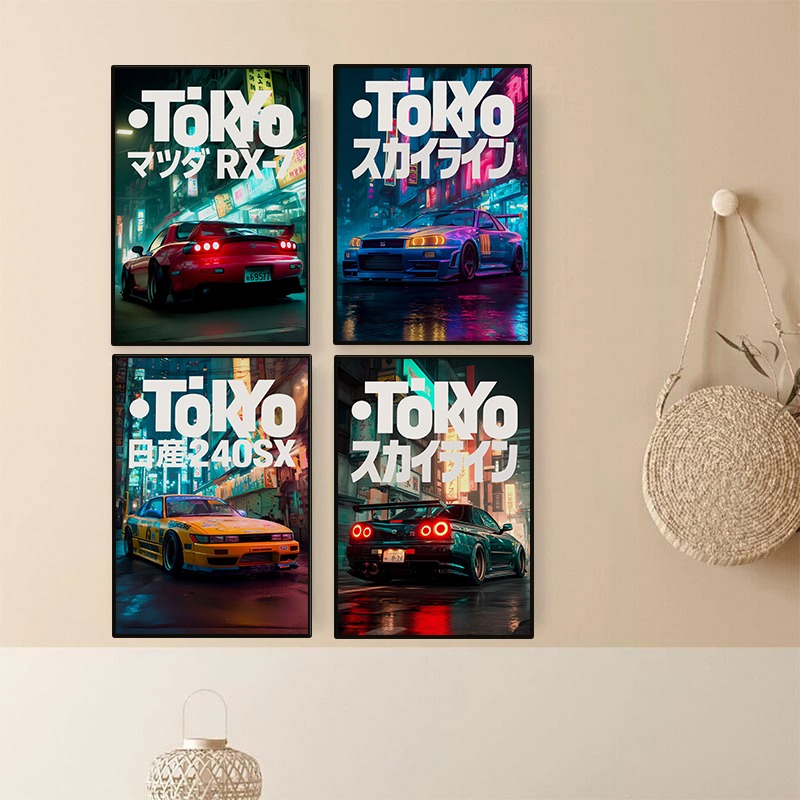 Japanese Car Lifestyle - โปสเตอร์รถยนต์วินเทจโตเกียว JDM นีออน ภาพวาดบนผ้าใบลายรถแข่งดริฟท์สไตล์ญี่ปุ่น สำหรับตกแต่งผนังห้องเก็บรถ ห้องนั่งเล่น