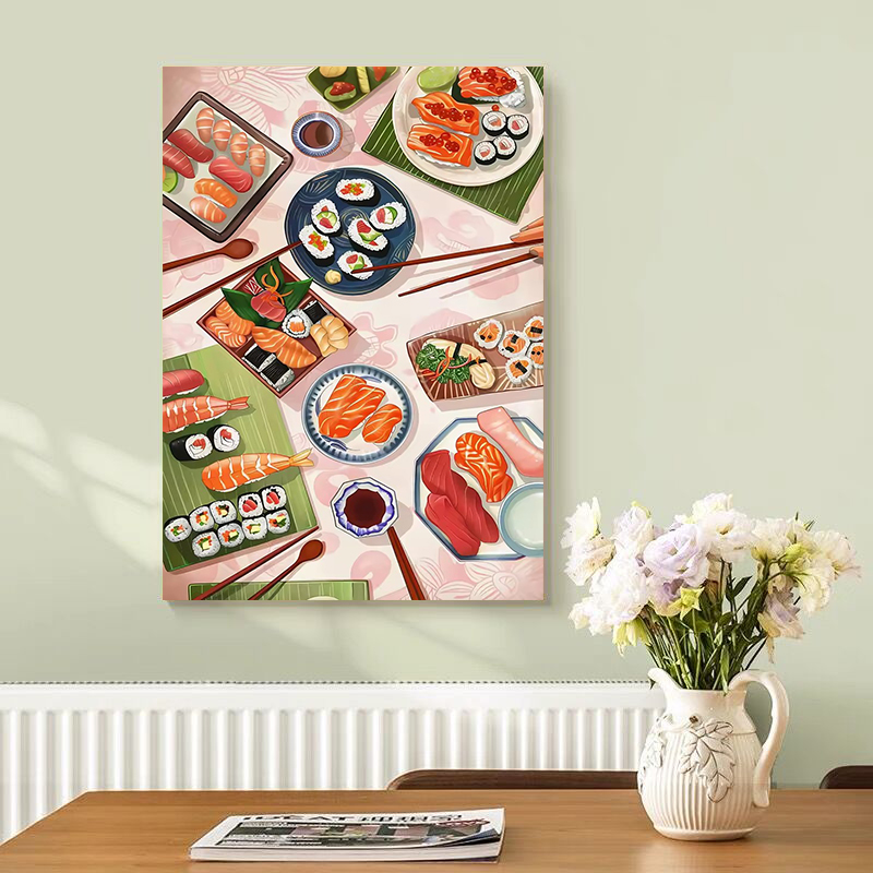 Japanese Restaurant Lifestyle - ซูชิ แซลมอน โปสเตอร์พิมพ์ลาย อาหารญี่ปุ่น ภาพวาดบนผ้าใบ ตกแต่งผนัง