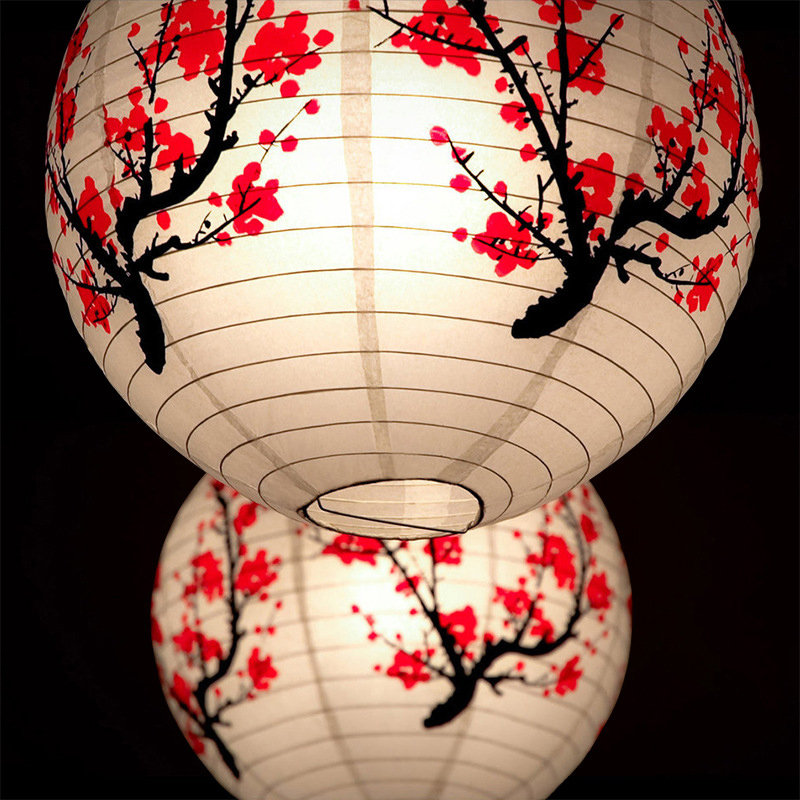 Japanese Lantern Paper - โคมไฟจีนทรงกลมพิมพ์ลายดอกไม้ ขนาด 30 ซม. สไตล์ญี่ปุ่น สำหรับตกแต่งงานแต่งงาน