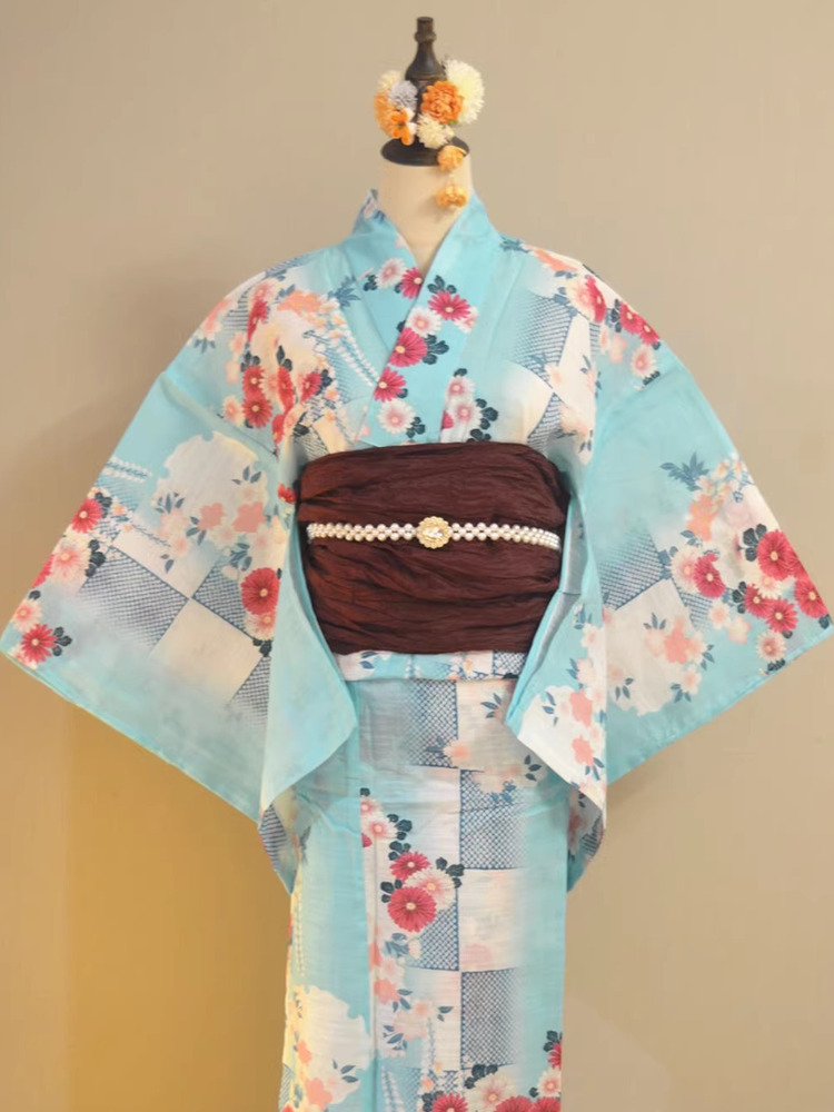 Kimono Yukata Cotton - ชุดยูกาตะกิโมโนแบบดั้งเดิม ผ้าฝ้ายลินิน ลายตาราง ลายดอกวิสทีเรีย แฟชั่นฤดูร้อน เสื้อผ้าสตรีสไตล์ชาติพันธุ์